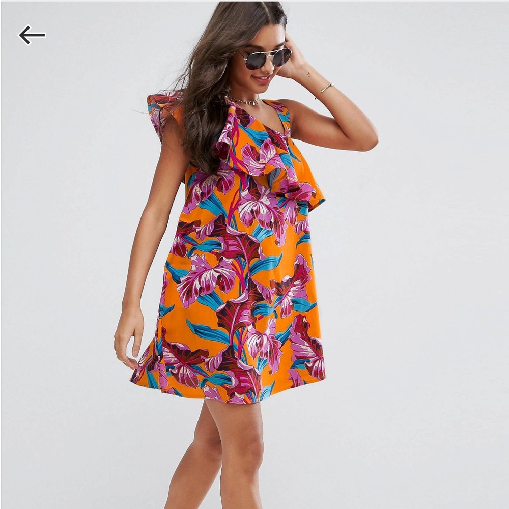 ASOS One Shoulder Ruffle Bright Tropical Sundress 18 - Picture 3 of 6